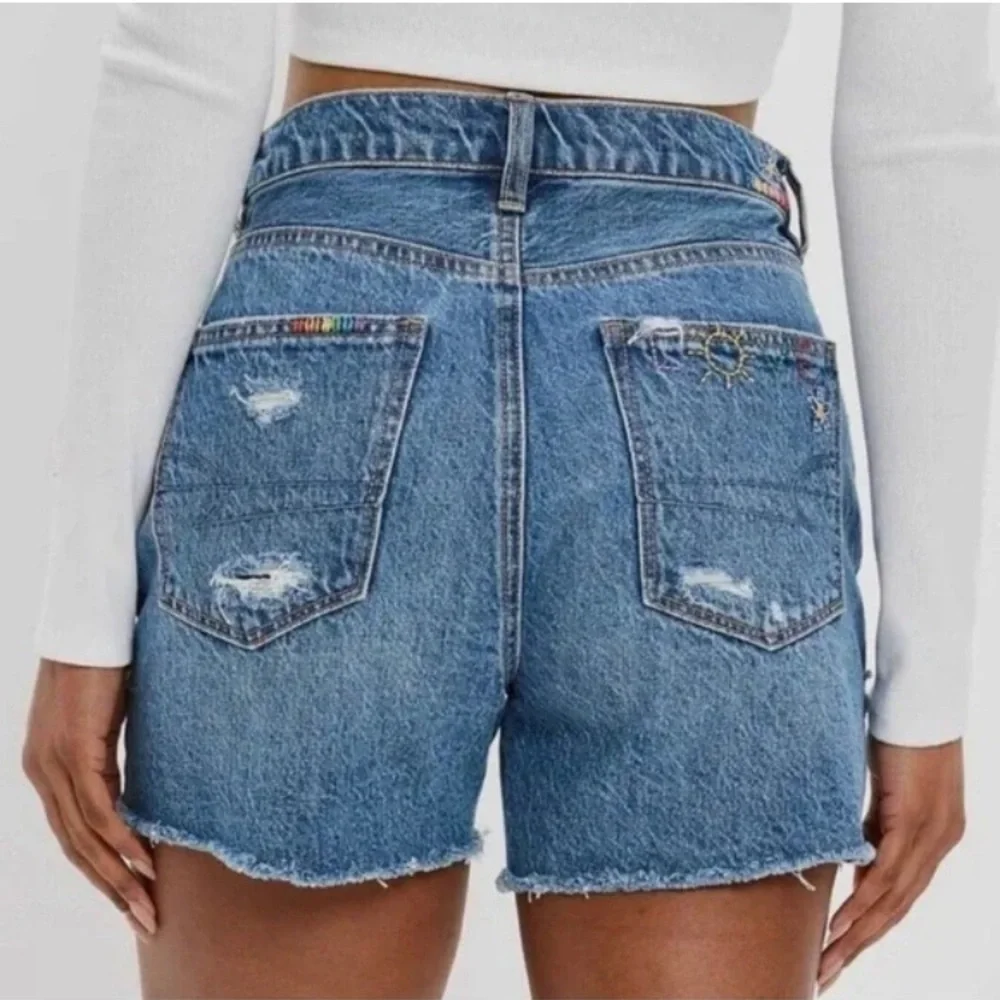 American Eagle Rainbow Pride Embroider Highest Rise Baggy Distressed Jean Shorts